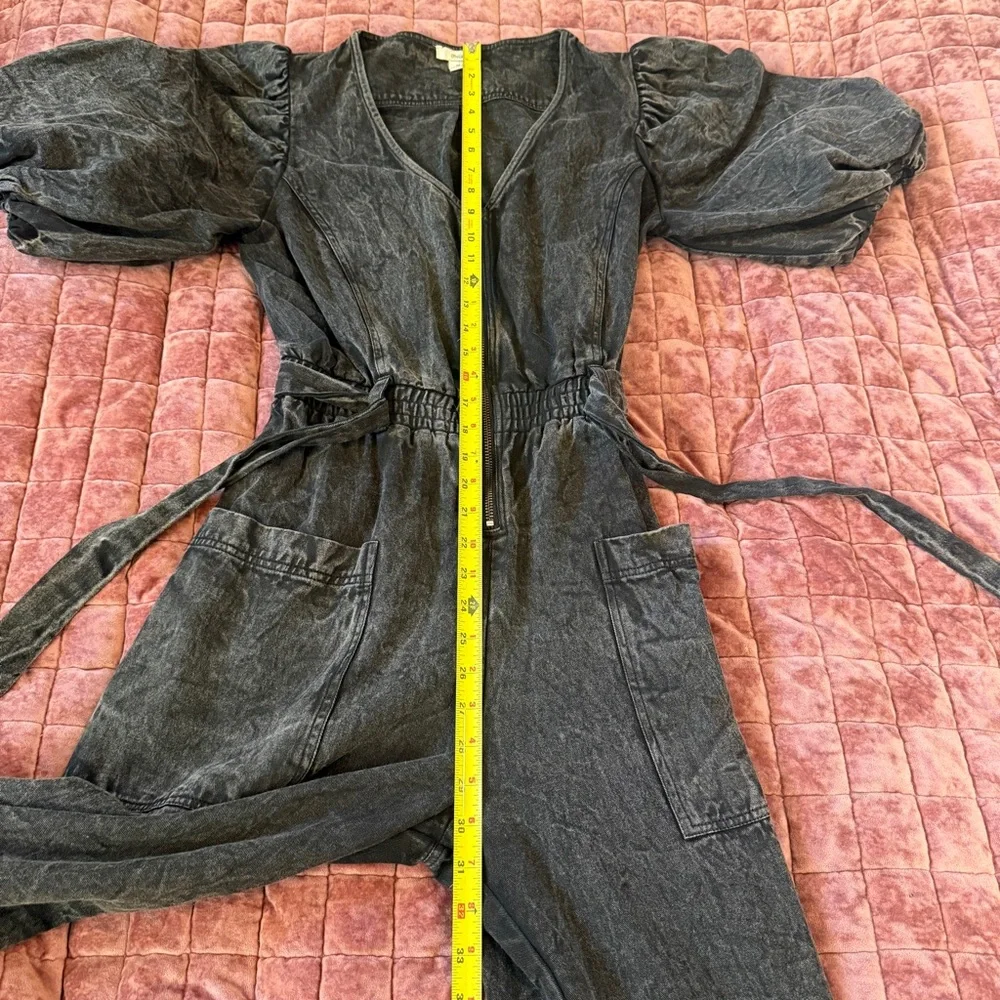 Anthropologie Othilia Acid Wash Puff Sleeve Utility Jumpsuit Charcoal Gray M - Picture 10 of 16